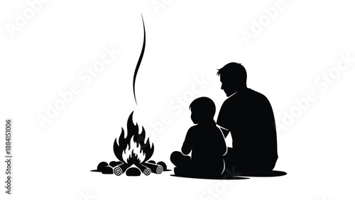 Father and son bonding around a campfire sharing stories and creating memories in the tranquil wilderness during a camping trip simple black Silhouette vector on whit Background