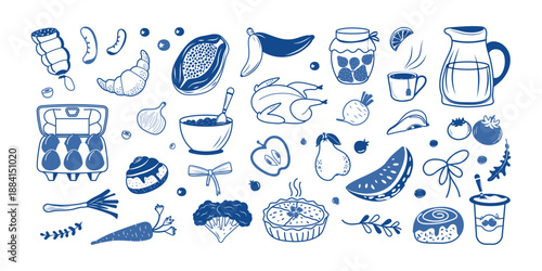 A set of hand-drawn variety of food. Breakfast, lunch and dinner drawings drawn in ink in a modern style. Perfect for printing, menu design, stickers and more. Vector design.