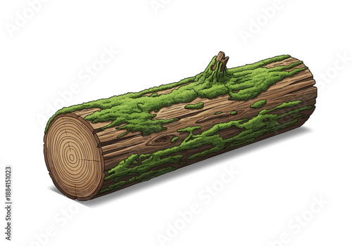 A detailed illustration of a cut log with vibrant green moss on a white surface viewed from a slight angle