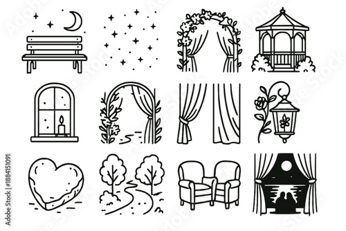 Moonlit Romantic Icons. Romantic Settings set in outline vector style : moonlit bench, starlit sky, secluded gazebo, candlelit window, blooming archway, soft