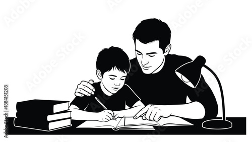 Father assists son with homework guiding his writing with a supportive hand in a home learning environment with books desk lamp and focused Silhouette vector on whit Background