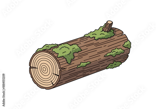 A detailed illustration of a cut log with visible wood grain patterns and moss growth on a transparent background viewed from a slight angle