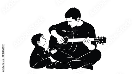 Father serenades his son with acoustic guitar sharing musical passion in monochrome creating a heartwarming bonding moment filled with love Silhouette vector on whit Background