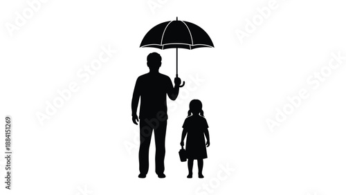 Man protects his daughter with umbrella against adversity representing family bond safety and guidance under challenging circumstances Silhouette vector on whit Background