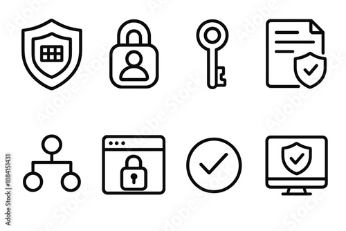 Digital Security Icons. Digital Regulatory Space set in outline vector style: data shield, privacy lock, encryption key, terms document, audit trail, secure