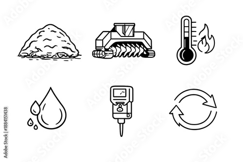 Composting Process Icons. Industrial compostingset in outline vector style large compost heap, turning machine, temperature gauge, moisture droplet, monitoring tool, eco cycle arrows