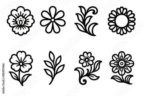 Ornate Floral Motifs. Decorative Flora Set set in outline vector style : ornate blossom motif, curved petal array, leafy scroll, floral ring pattern, blooming
