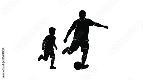 Father and son engage in energetic soccer game kicking ball with joyful motion demonstrating active lifestyle and family bonding in monochrome Silhouette vector on whit Background