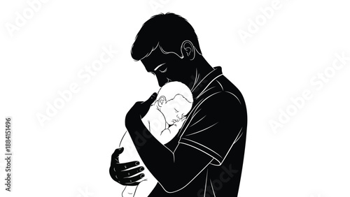 Loving father tenderly embracing and holding his newborn baby close with gentle affection and protective care in a warm intimate moment Silhouette vector on whit Background