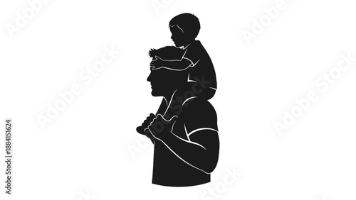 Father carries child shoulders bonding in love and trust illustrating family values support and the beauty of parenting in a monochrome Silhouette vector on whit Background