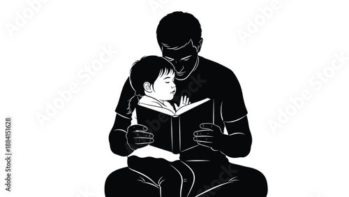 Father and daughter engrossed in reading a storybook together sharing a special bonding moment in a black and white against a clean Silhouette vector on whit Background