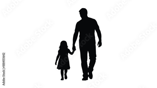 Father walks hand in hand with daughter fostering connection and support under the bright neutral light of a simple clean white Silhouette vector on whit Background