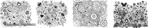 Floral Pattern Collection: A monochrome arrangement of detailed floral patterns comes together as a collection, each with unique forms and shapes, creating a visually rich tapestry.