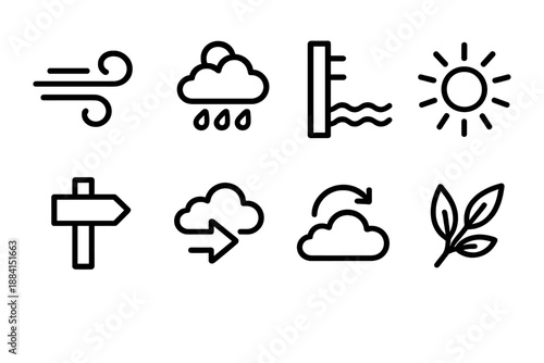 Environmental Icons Collection. Environmental Visual Signals set in outline vector style: wind swirl, weather icon, water level mark, sunbeam, trail marker, tide arrow, cloud shift, natural indicator