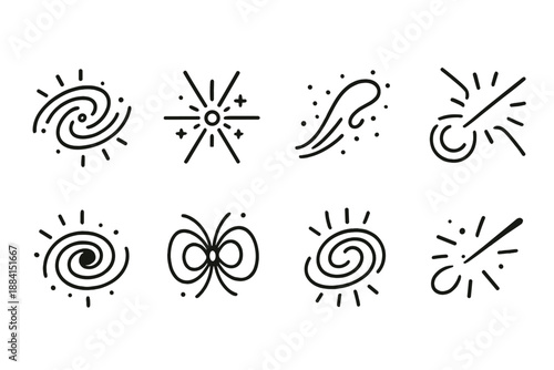Cosmic Icon Set. Spotlit Interstellar Phenomena set in outline vector style : radiant nebula swirl, mini pulsar burst, micro supernova spark, energy filament