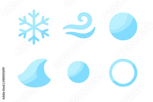 Chill Icon Set. Chill Comfort Soft Coolness vector set in modern flat style : gentle snowflake, cool mist swirl, frosted orb, soft ice curve, chilled dot, pale glow ring