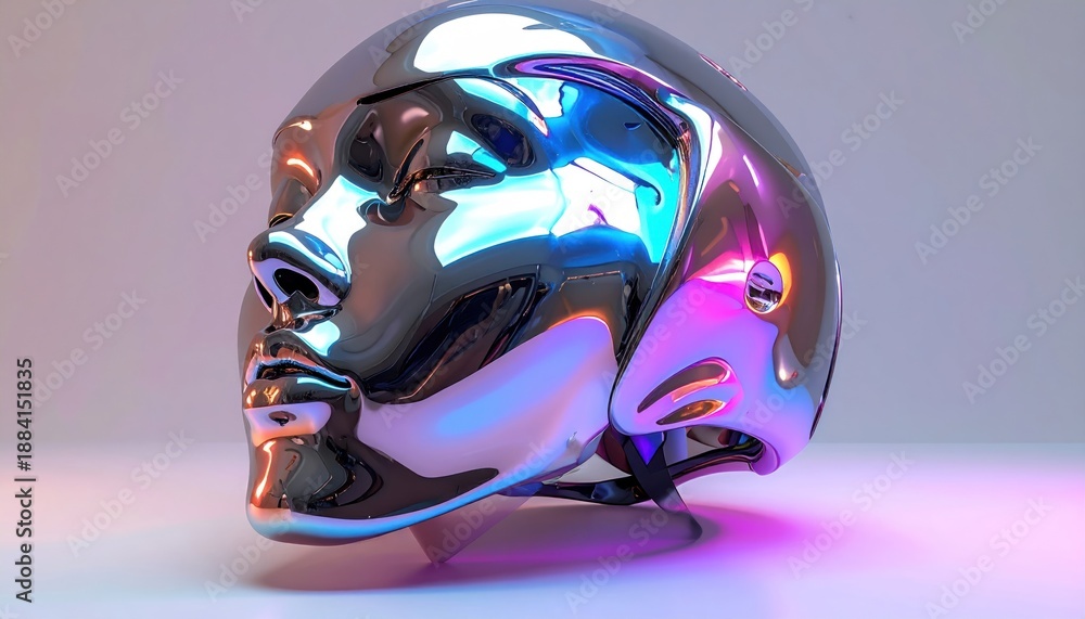 Fototapeta premium Chrome-like human head sculpture reflects ambient light, creating a surreal and futuristic feel