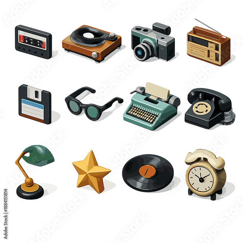 Retro Icons Collection. Intage Style set in isometric flat vector : cassette tape, record player, film camera, radio, floppy disk, glasses, typewriter, telephone, lamp, star, vinyl, clock