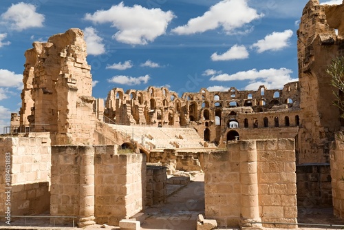 Ruins of a 3rd century Roman amphitheater in the city of El Jem. Today a UNESCO World Heritage Site. Tunisia. Africa.