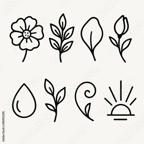 Blooming Floral Icons. Fresh Flora set in outline vector style: blooming flower, leafy sprig, soft petal, fresh bud, dew droplet, gentle stem, floral swirl, morning light ray