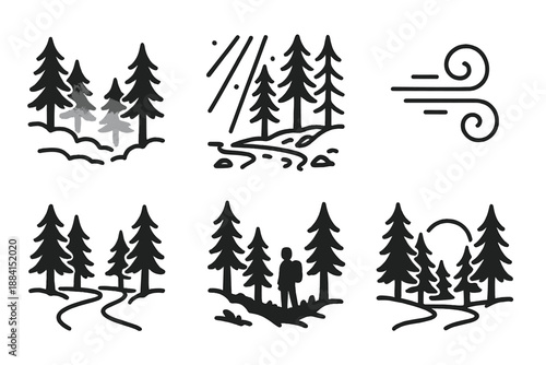 Silent Forest Icons. Silent Forest Atmosphere set in outline vector style: cool mist, filtered light ray, quiet creek line, soft wind swirl, untouched path,