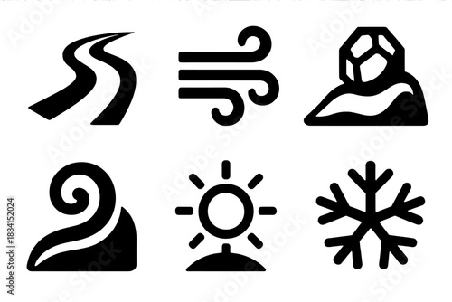 Winter Icons Collection. Winter Glide Arctic Drift icon set in silhouette bold style. Contain downhill ribbon, cool wind curve, frozen path stone, snow drift curl, chilled halo, crisp frost mark