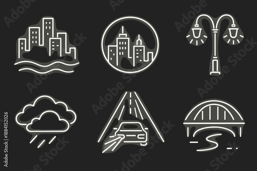 Neon Urban Nightscape. Night Urban Flow set in outline vector style: neon line, skyline glow, light trail, streetlamp shimmer, dusk cloud, car streak, walkway glow dots, nighttime arc