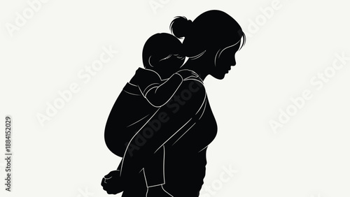 Mother carrying her child piggyback conveys unconditional love care and protection in a tender moment with a simple black white Silhouette vector on whit Background
