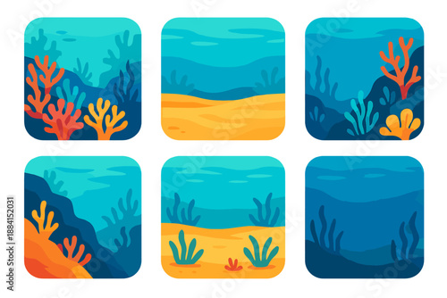 Vibrant Reef Icons. Reef scenery vector set in modern flat style : coral garden, sandy seabed, reef edge, shallow lagoon, deep blue water, underwater horizon