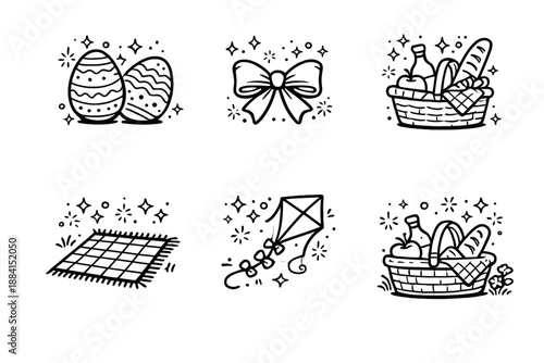 Spring Icon Festivities. Spring celebrationset in outline vector style pastel eggs, ribbon bow, picnic blanket, kite flying, outdoor basket, cheerful spark
