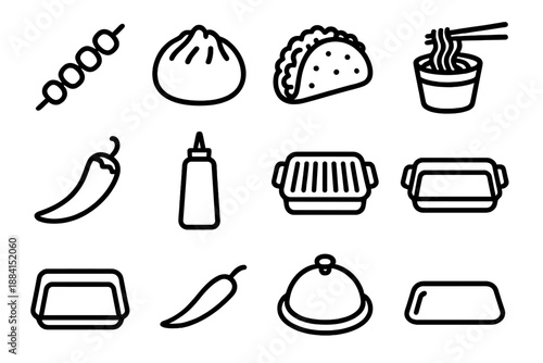 Street Food Icons. Street cuisine objects set in outline vector style : food skewer, steamed bun, taco shell, noodle cup, chili pepper, condiment squeeze bottle, griddle pan, serving tray