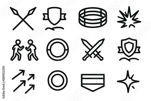 Arena Combat Icons. Arena Battleground set in outline vector style: crossed spears, shield bar, ringed arena, impact flare, dust arc, duel stance icon, tactical