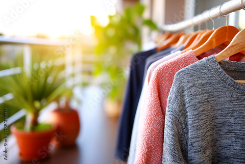 Colorful clothes drying on a balcony line during sunset with plants nearby Generative AI