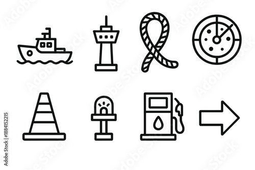 Harbor Operations Icons. Harbor Operations Activity set in outline vector style: tugboat, mooring rope, control tower, radar screen, safety cone, dock light, fuel station icon, operational arrow