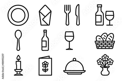 Elegant Dinner Icons. Formal Dinnerset in outline vector style plate, napkin, fork, knife, spoon, wine bottle, glass, bread basket, candle, menu, dish, centerpiece