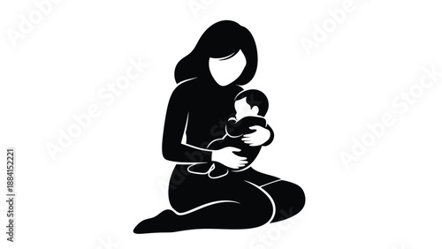 Mother embraces infant child in tender moment of love and care seated in against a clean white symbolizing motherhood Silhouette vector on whit Background