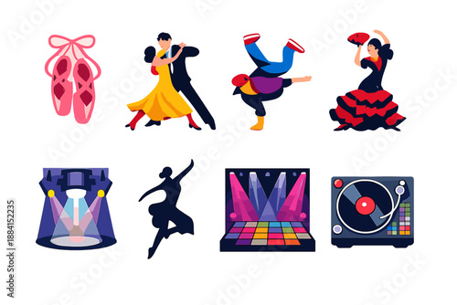 Vibrant Dance Icons. Dance vector set in modern flat style : ballet shoes, ballroom dancers, street dancer, flamenco dancer, stage spotlight, dancer silhouette, dance floor, DJ turntable
