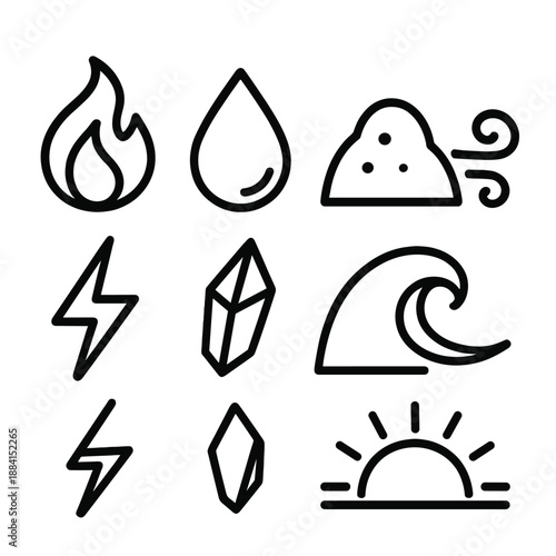Elemental Icons in Black. Elemental Natural Traits set in outline vector style: flame flicker, water droplet, earth mound, breeze swirl, lightning hint, crystal shard, tidal wave line, sunlight arc