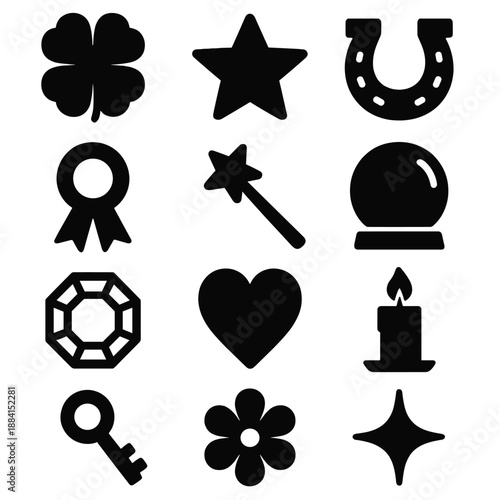 Brutalist Icon Set. Charmfield icon set in silhouette bold style. Contain four-leaf clover, star, horseshoe, heart, ribbon, magic wand, crystal ball, candle, gemstone, key, flower, sparkle
