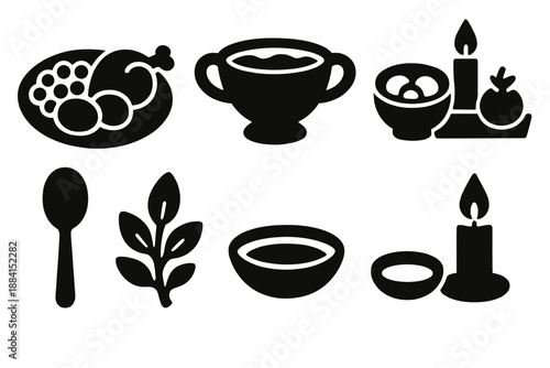 Brutalist Feast Icons. Communal Feast icon set in silhouette bold style. Contain platter of food, shared cup, spoon, bowl, ritual arrangement, garnish sprig, small dish, candlelight