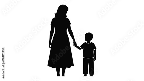 Loving mother guides young child holding hands in against a bright white backdrop conveying family bond safety and the journey Silhouette vector on whit Background