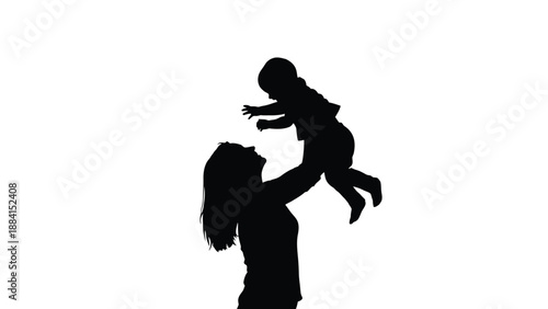 Mother holding baby aloft celebrating family bond illustrating love joy and connection against a clean bright backdrop in a minimalist Silhouette vector on whit Background