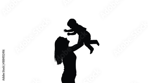 Mother holding her baby up high sharing a tender moment of love and joy bonding in against a clean bright white Silhouette vector on whit Background
