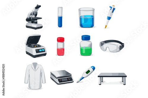 Laboratory Equipment Icons. Laboratory Setup: microscope, test tube, beaker, pipette, centrifuge, sample vial, reagent bottle, safety goggles, lab coat, digital scale, thermometer, lab bench
