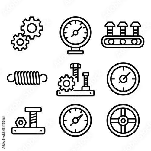 Mechanical Icon Precision. Mechanical Order set in outline vector style: synchronized gears, regulated gauge, aligned bolts, calibrated dial, conveyor track,