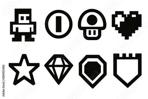 Bold Pixel Game Icons. Pixeltime Game Elements icon set in silhouette bold style. Contain pixel character, coin, health bar, power-up icon, pixel heart, star token, gem, level badge