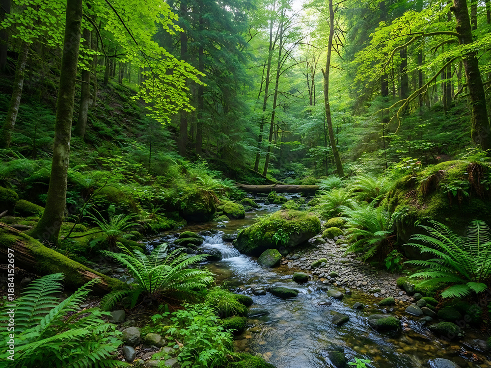 Obraz premium Serene Forest Stream with Lush Greenery