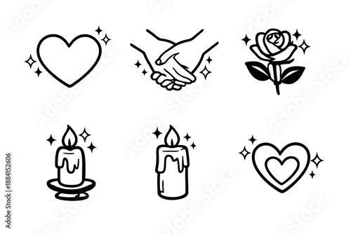 Intertwined Love Symbols. Romantic loveset in outline vector style heart symbol, intertwined hands, rose flower, candle light, gentle glow, soft spark