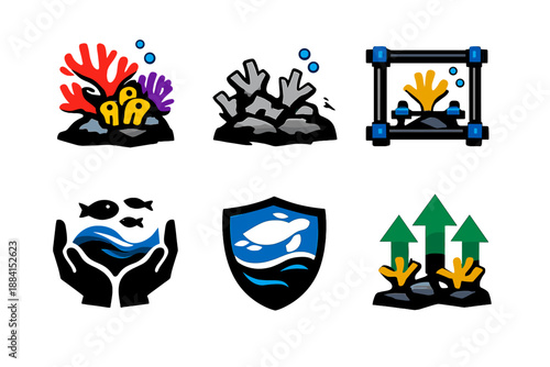 Bold Marine Conservation Icons. Marine conservation icon set in silhouette bold style. Contain healthy coral, damaged coral, restoration frame, protection shield, ocean care hands, growth arrows