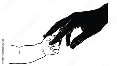 Parent supporting new life offering guidance and nurturing love symbolized by a dark hand reaching towards a baby's delicate hand to provide Silhouette vector on whit Background